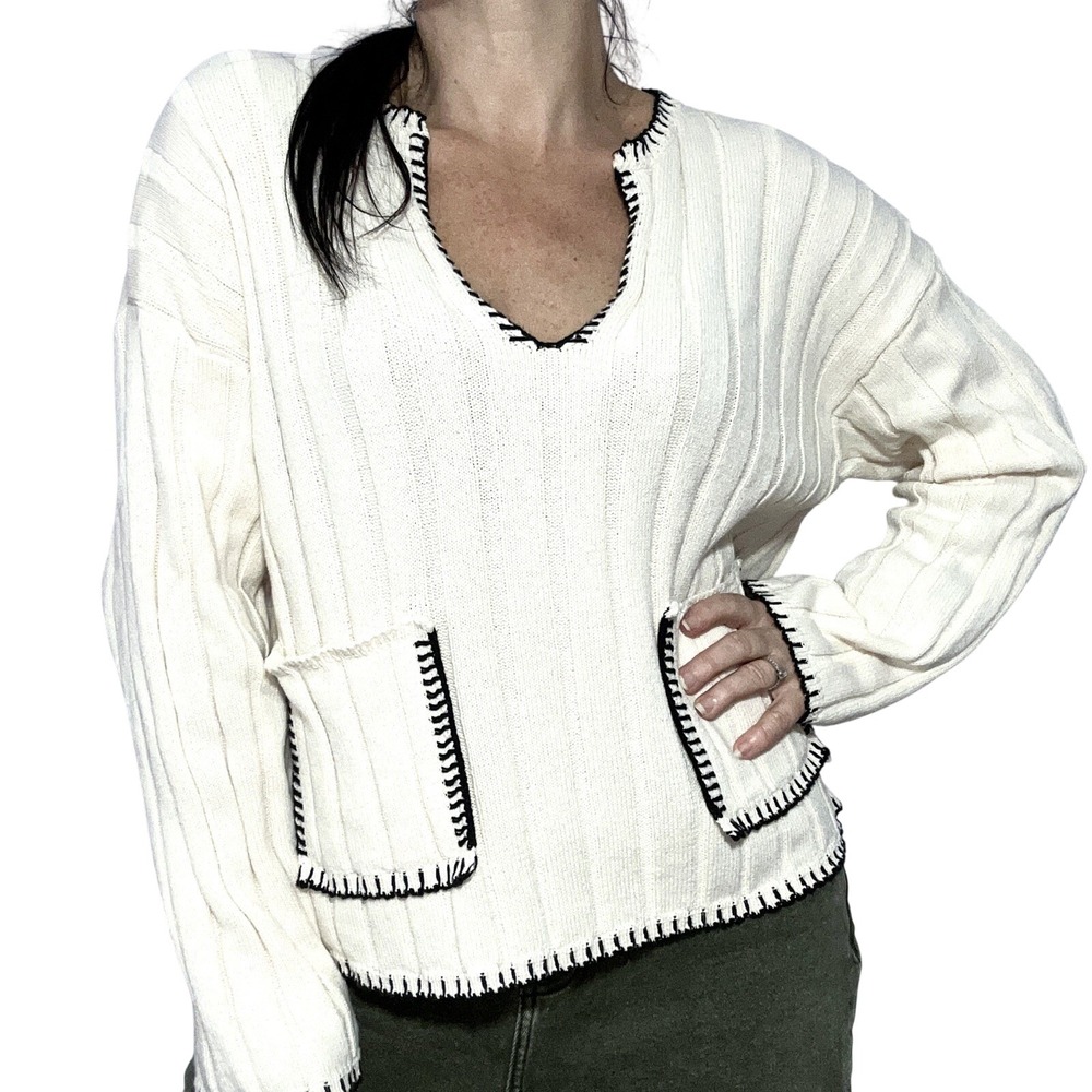 Zara Ecru Ivory Chunky Knit Rib Knit Sweater Pockets Boxy V-Neck Small